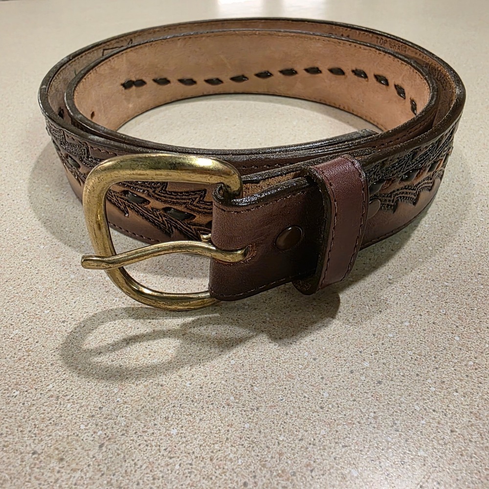 Vtg Lyntone Western Belt Mens 40 Brown  1.5" Tooled Top Grain Leather‎ USA, NEW